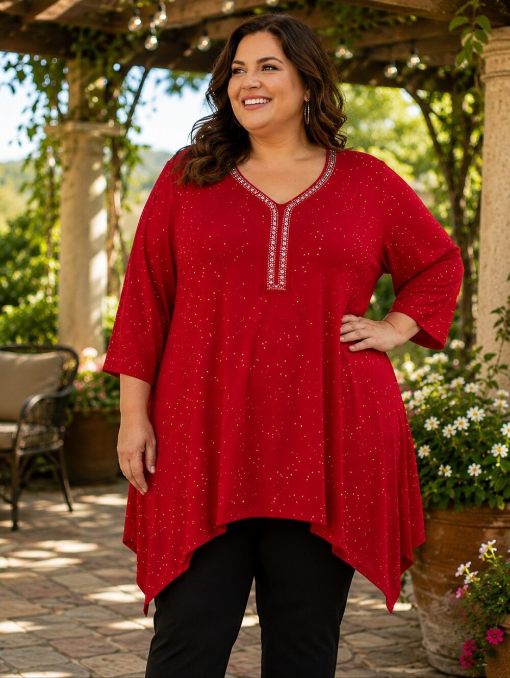 Catherines Womens Size 3X(26/28) Red Sharkbite Tunic Gold Metallic Studded Top
